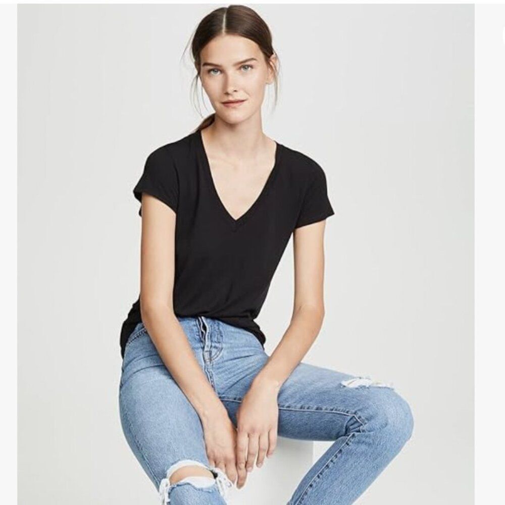 NWT Splendid XS Jersey V Neck T-Shirt Top Black Supima Modal Cotton Minimalist